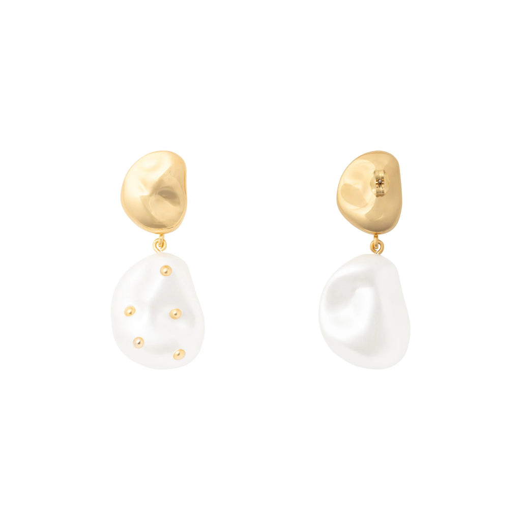 DOUBLE NUGGET STUD PEARL GOLD EARRING PEARL