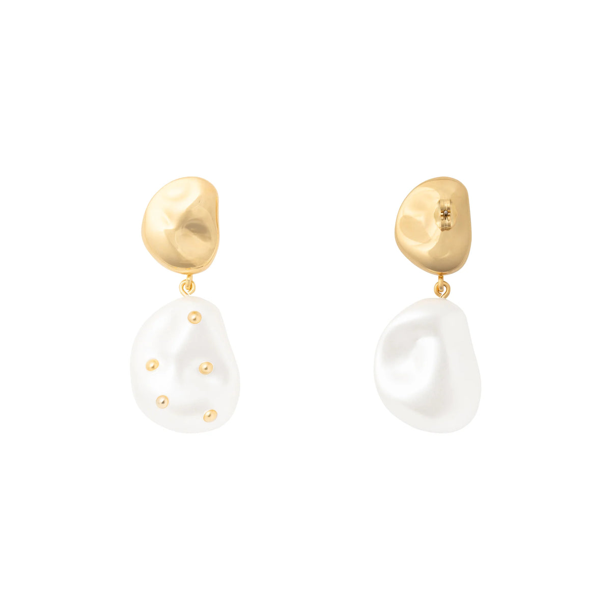 DOUBLE NUGGET STUD PEARL GOLD EARRING PEARL