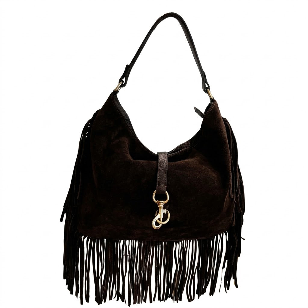 WILLOW - DARK BROWN FRINGE SHOULDER BAG