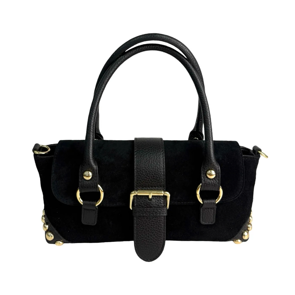 BLACK STUDDED SUEDE SATCHEL