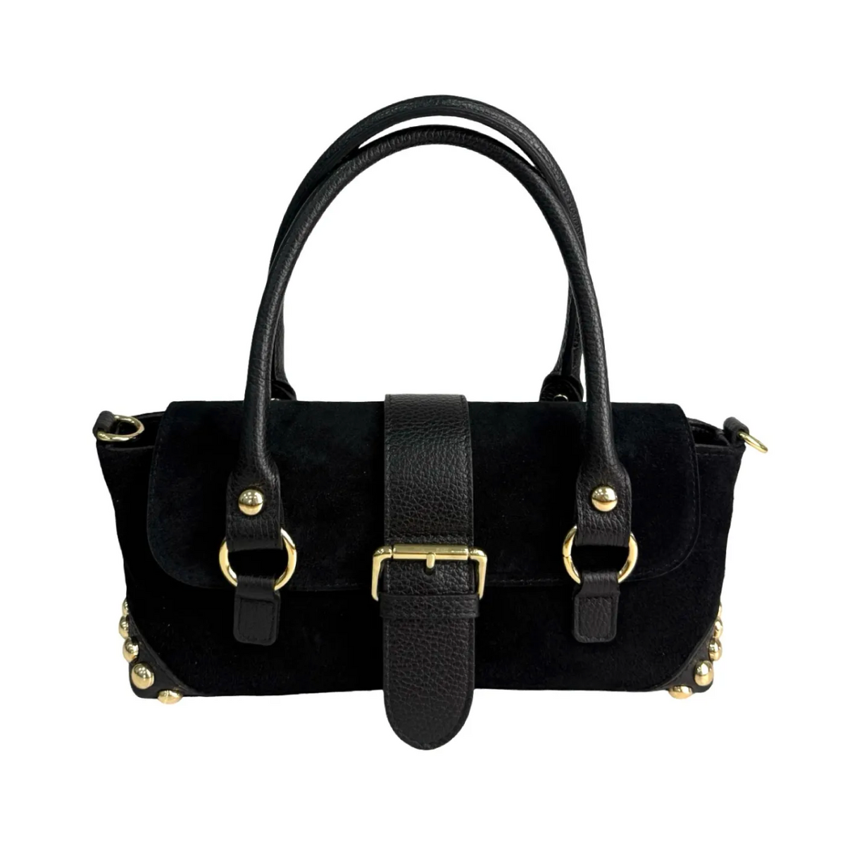 BLACK STUDDED SUEDE SATCHEL