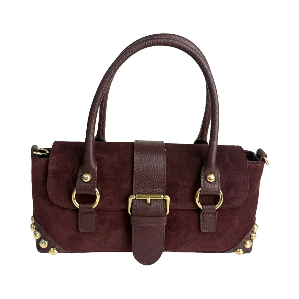 BURGUNDY STUDDED SUEDE SATCHEL