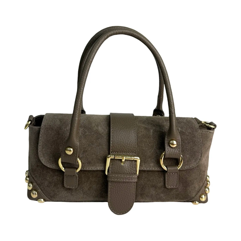 TAUPE STUDDED SUEDE SATCHEL