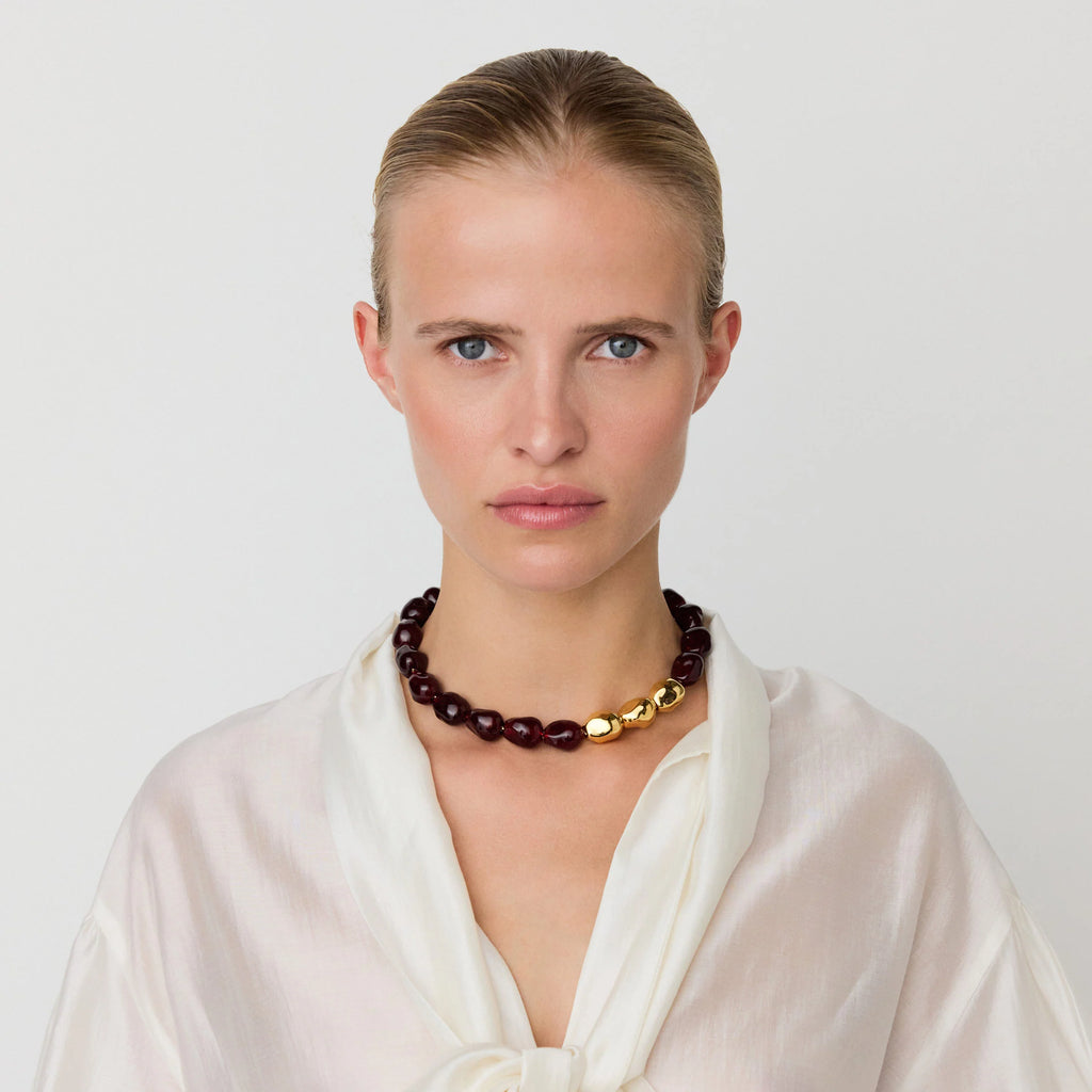 ORGANIC PEARL NECKLACE SHORT WITH GOLD BORDEAUX MARBLE