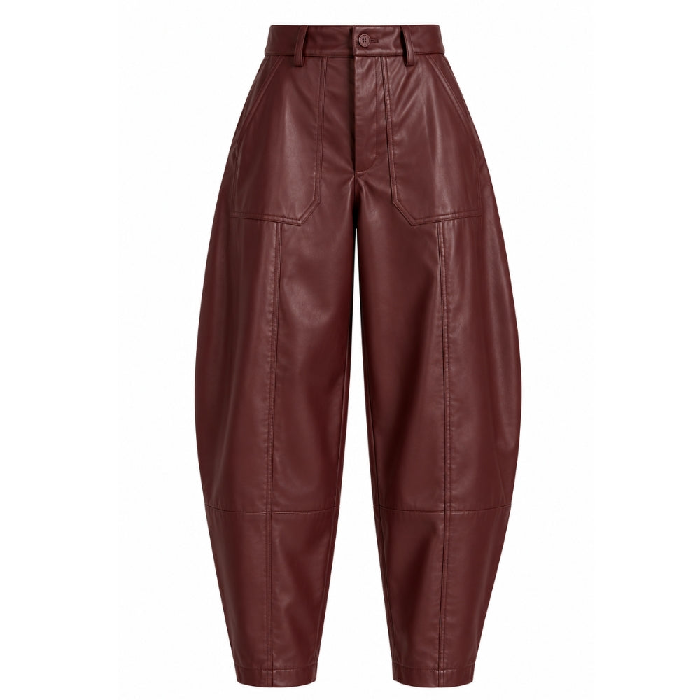 Burgundy Faux Leather Barrel Trousers