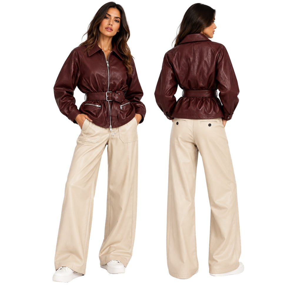Burgundy Belted Leather-Look Jacket