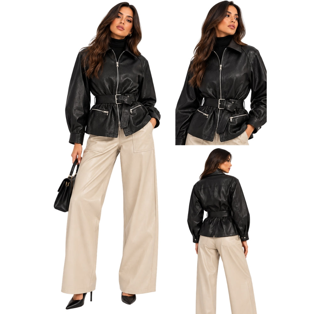 Black Belted Leather-Look Jacket