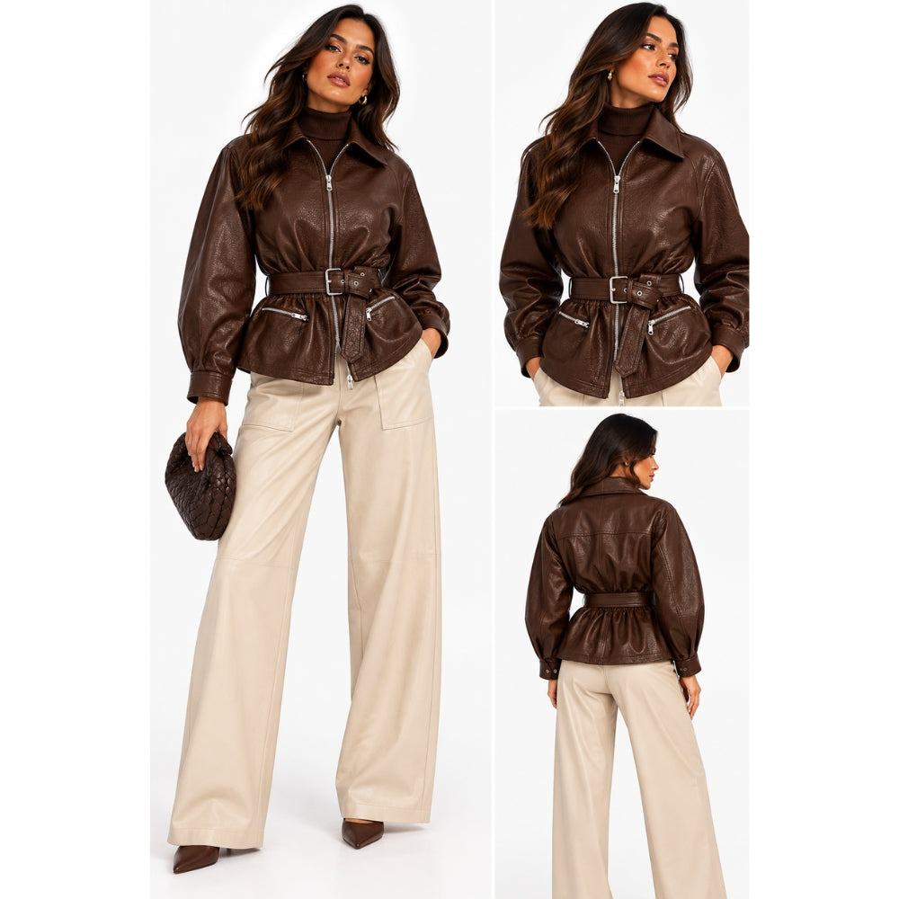 Dark Brown Belted Leather-Look Jacket