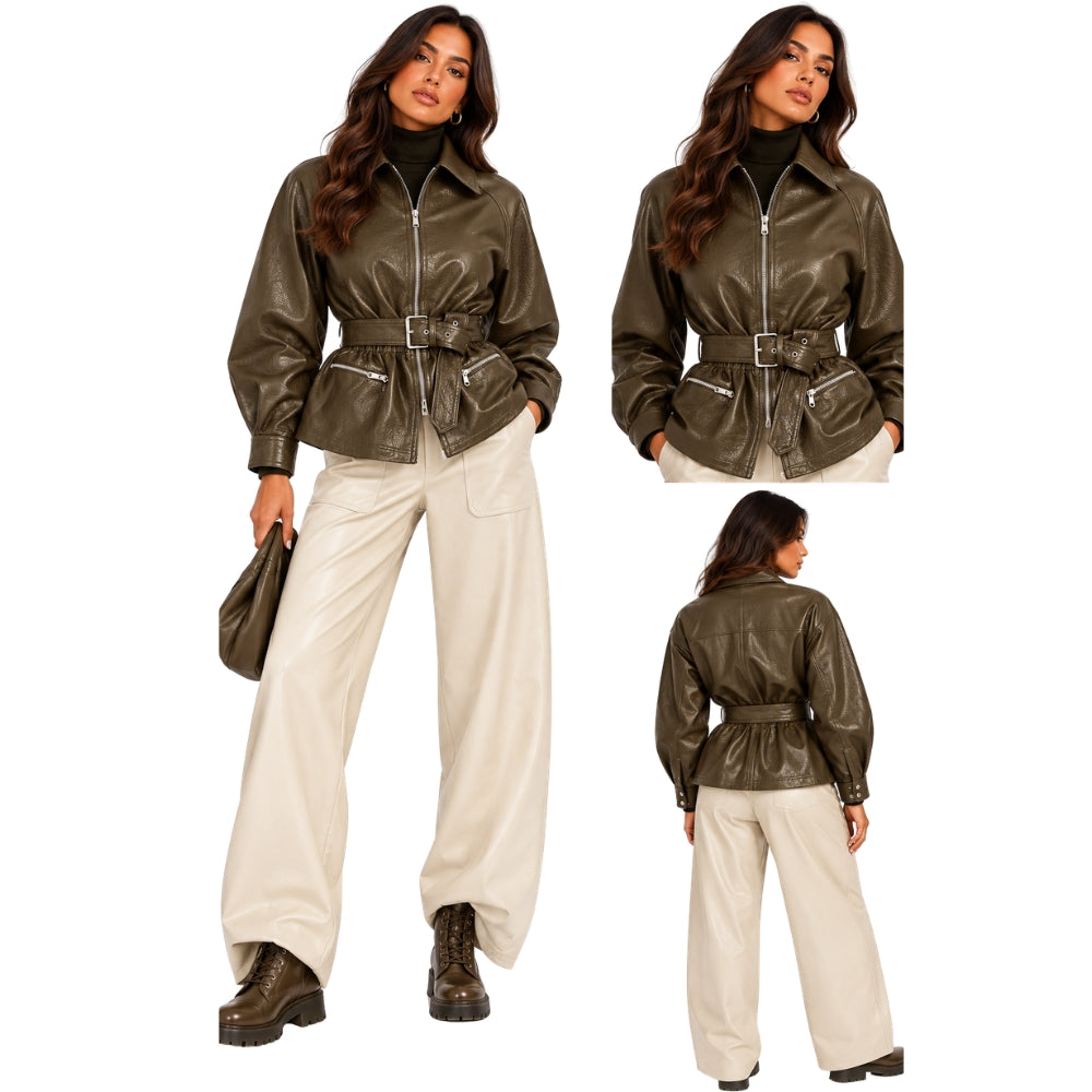 Dark Olive Belted Leather-Look Jacket