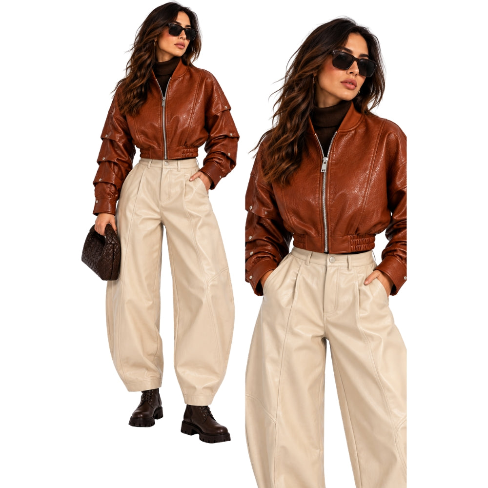 Cognac Cropped Leather-Look Bomber Jacket
