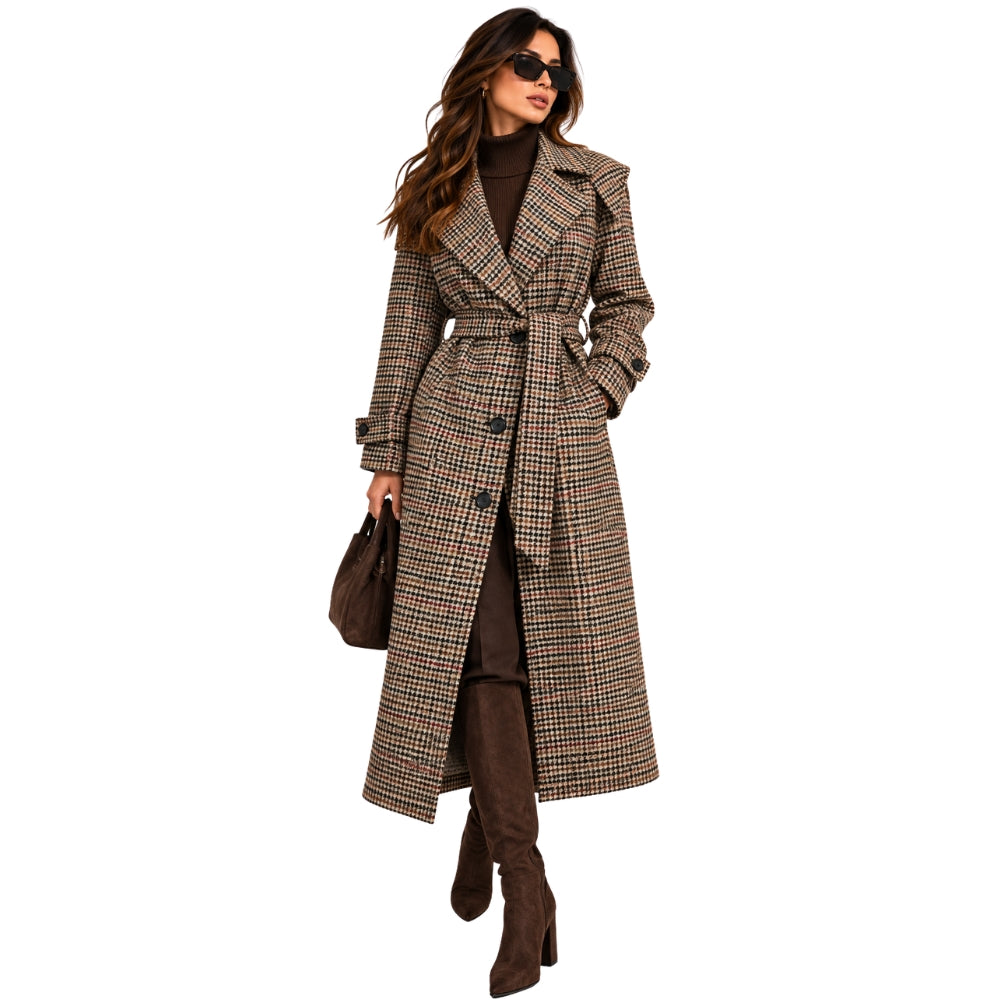 Houndstooth Beige Belted Long Coat