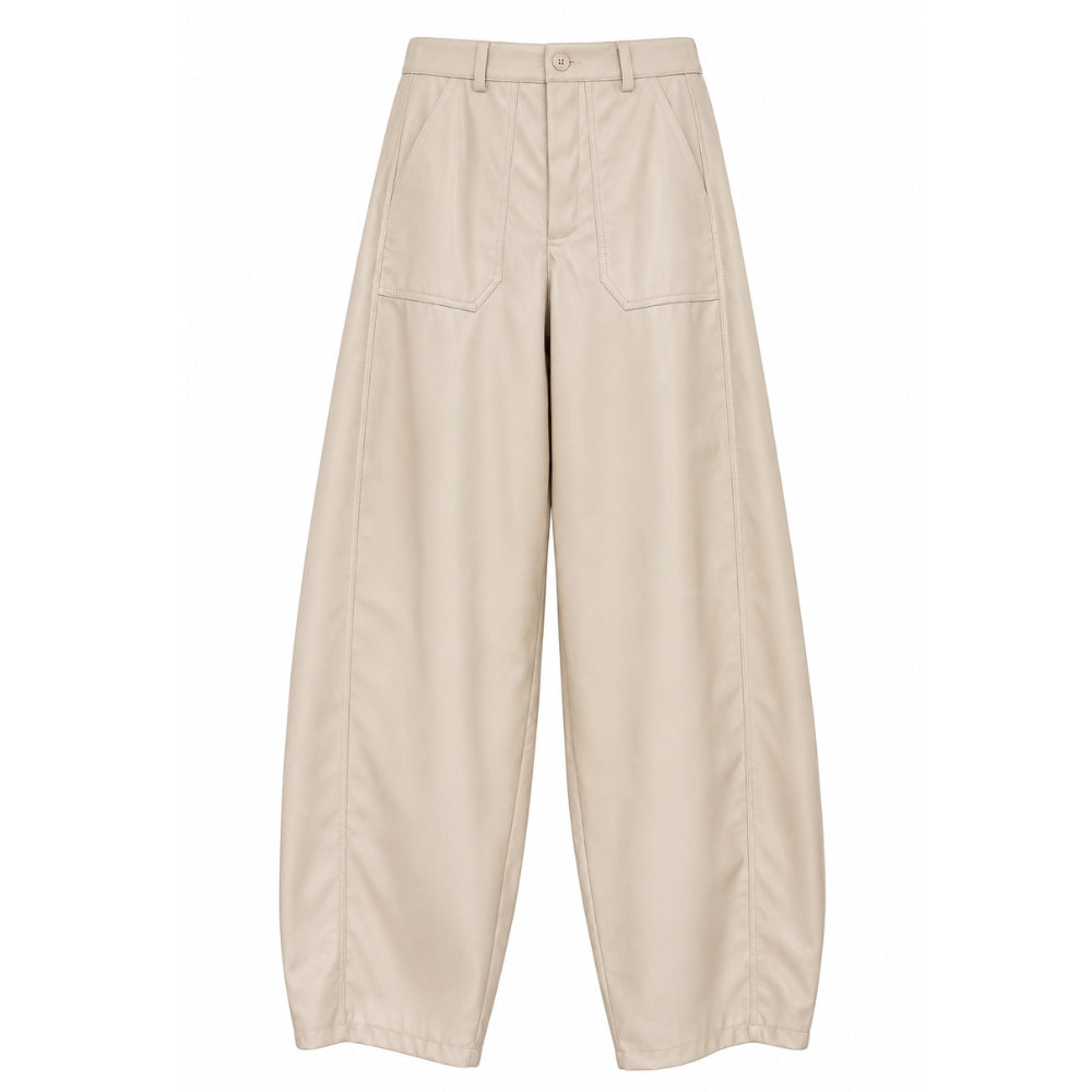 Beige Faux Leather Barrel Trousers