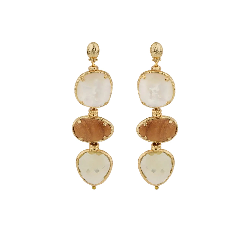SILENE LARGE SIZE EARRINGS - WHITE MOTHER OF PEARL, WOOD, SMOKY QUARTZ
