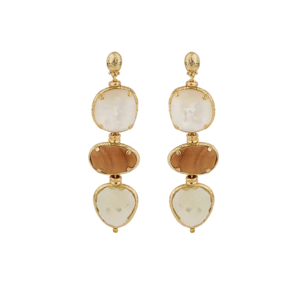 SILENE LARGE SIZE EARRINGS - WHITE MOTHER OF PEARL, WOOD, SMOKY QUARTZ