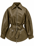 Dark Olive Belted Leather-Look Jacket