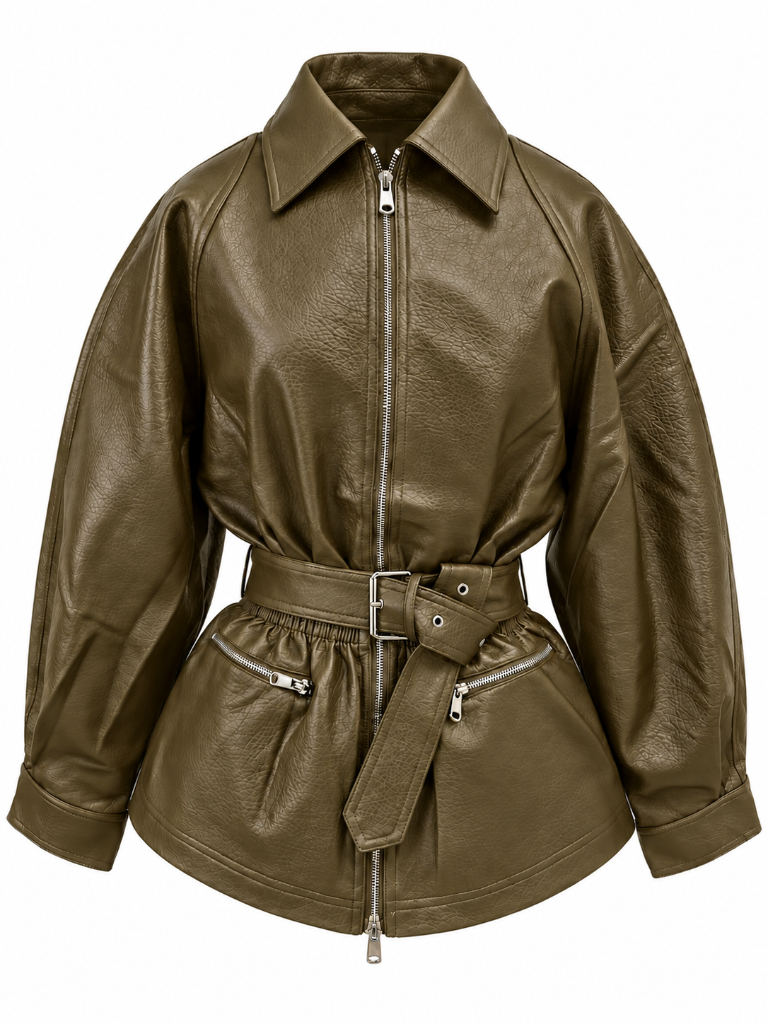 Dark Olive Belted Leather-Look Jacket