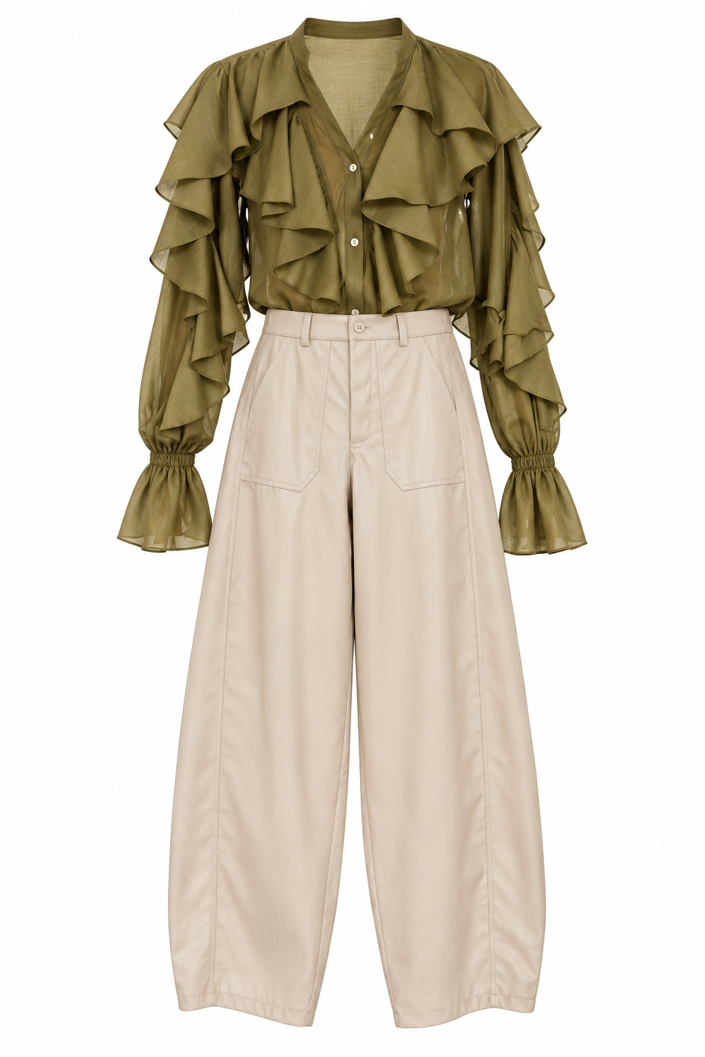 Beige Faux Leather Barrel Trousers