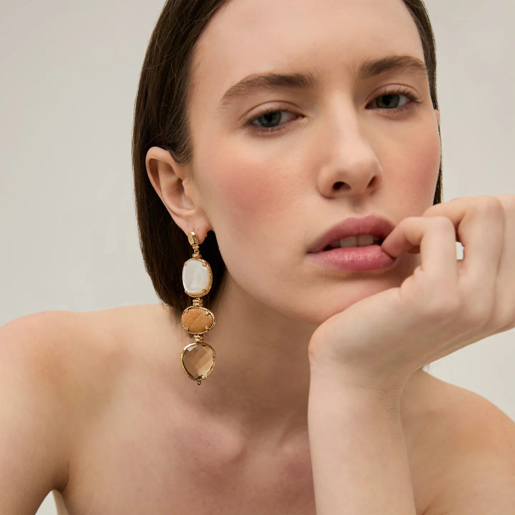SILENE LARGE SIZE EARRINGS - WHITE MOTHER OF PEARL, WOOD, SMOKY QUARTZ