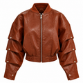 Cognac Cropped Leather-Look Bomber Jacket