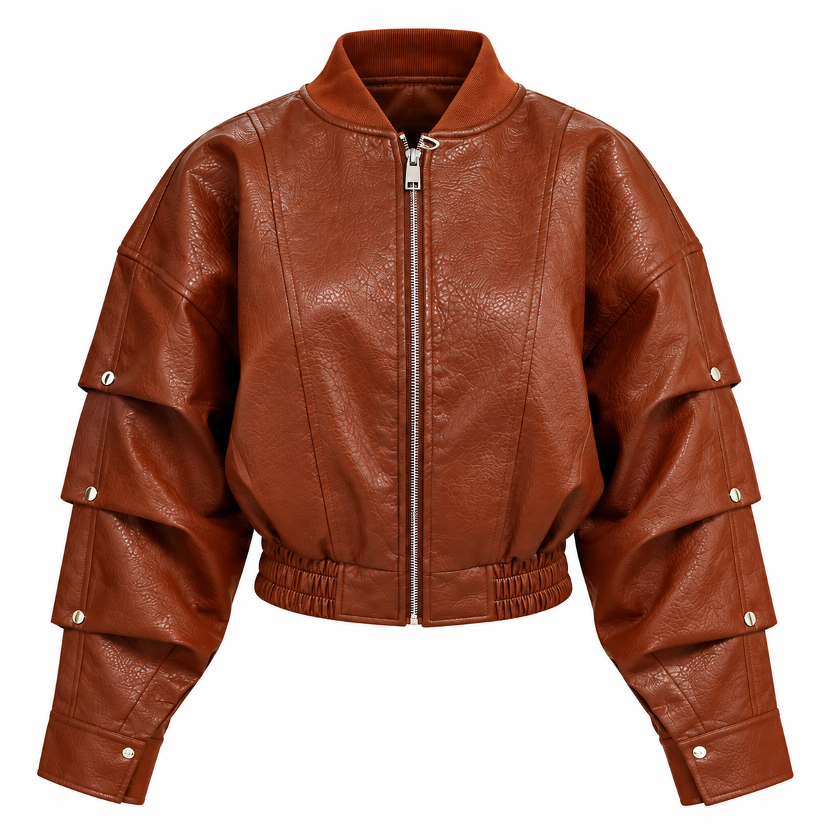Cognac Cropped Leather-Look Bomber Jacket