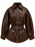 Dark Brown Belted Leather-Look Jacket