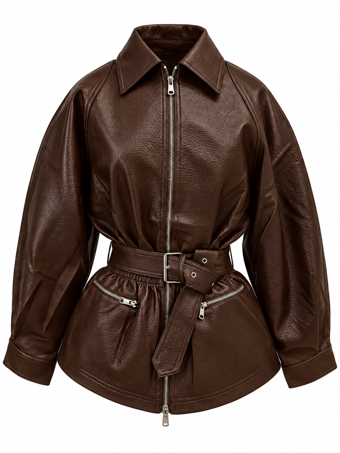 Dark Brown Belted Leather-Look Jacket