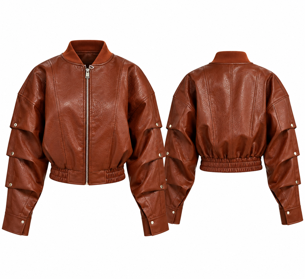 Cognac Cropped Leather-Look Bomber Jacket