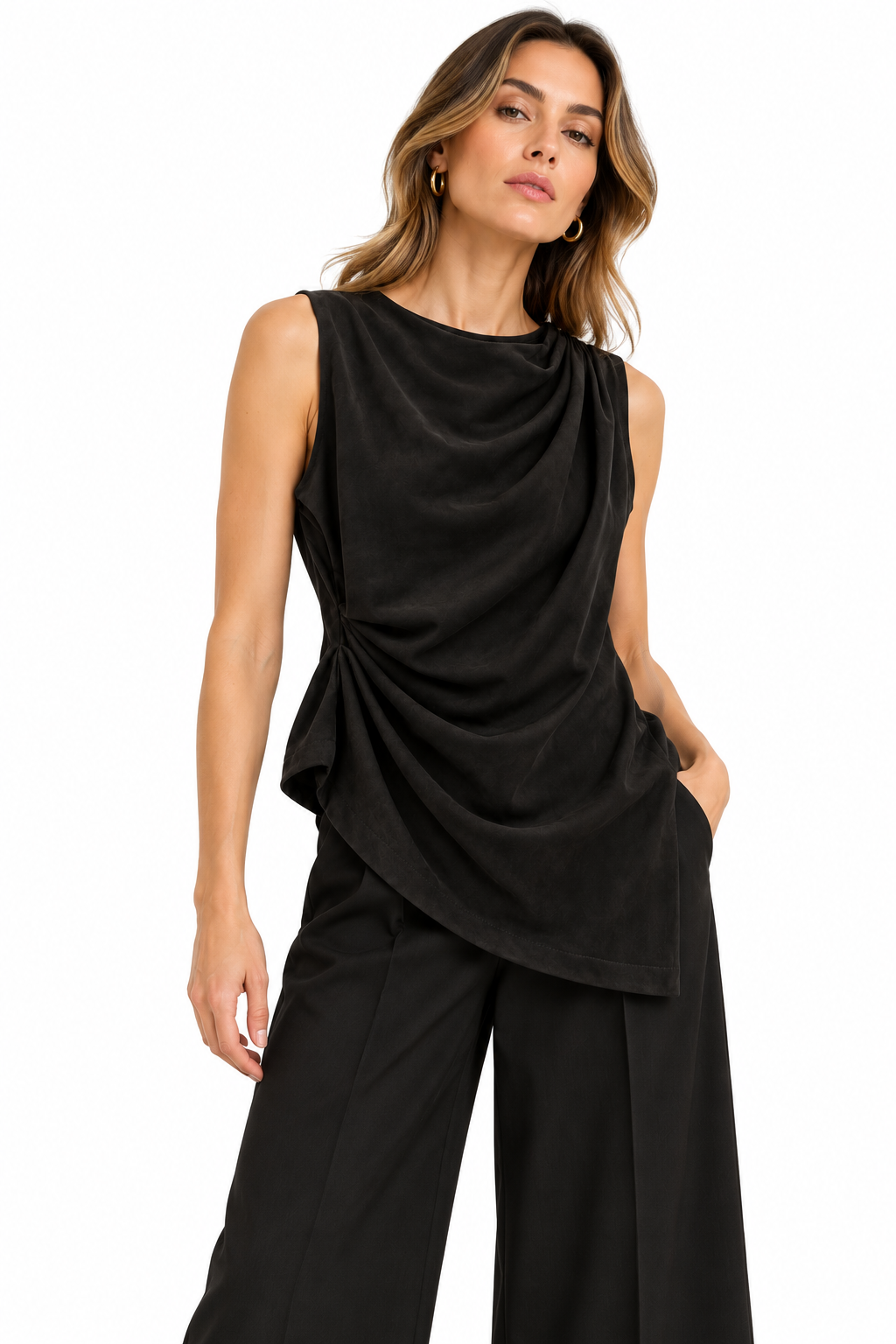 Suede-Effect Draped Top Black