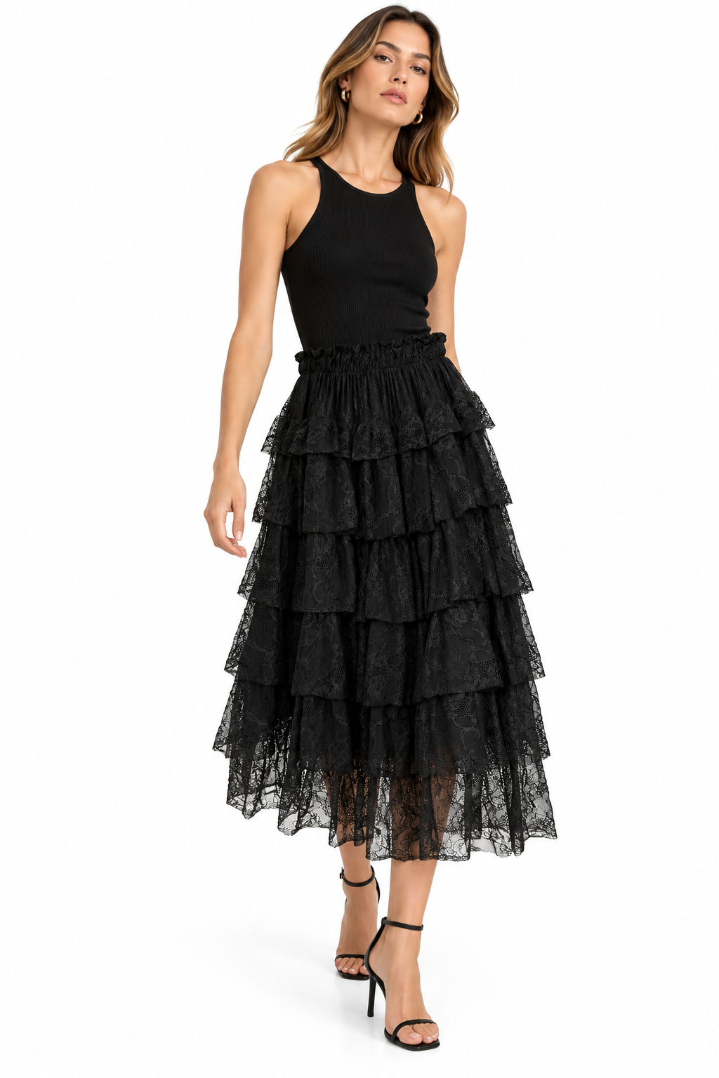 Black Lace Tiered Midi Skirt