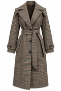 Houndstooth Beige Belted Long Coat