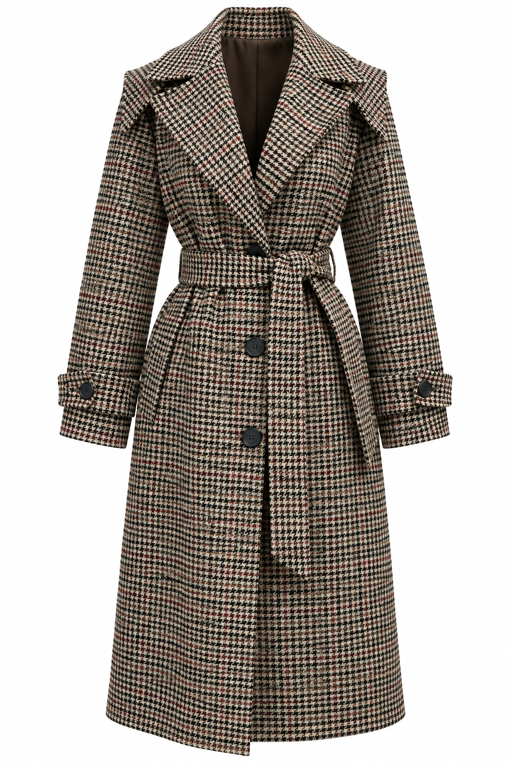 Houndstooth Beige Belted Long Coat