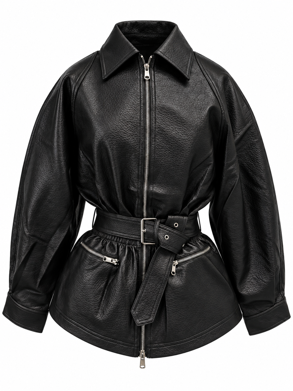 Black Belted Leather-Look Jacket