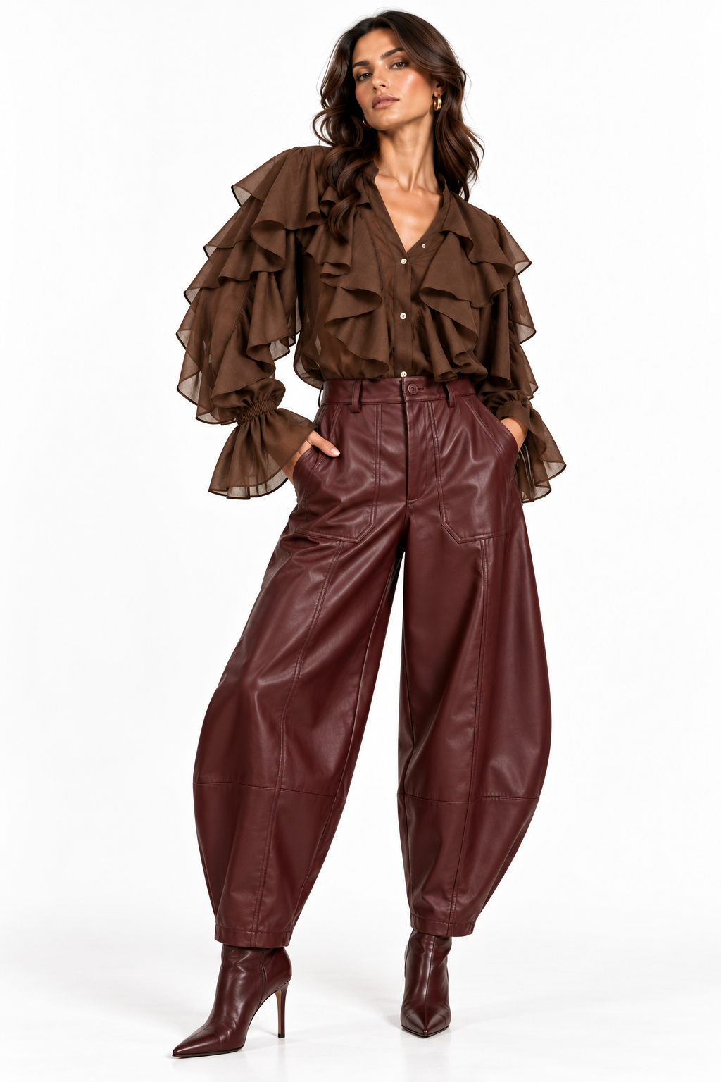 Burgundy Faux Leather Barrel Trousers