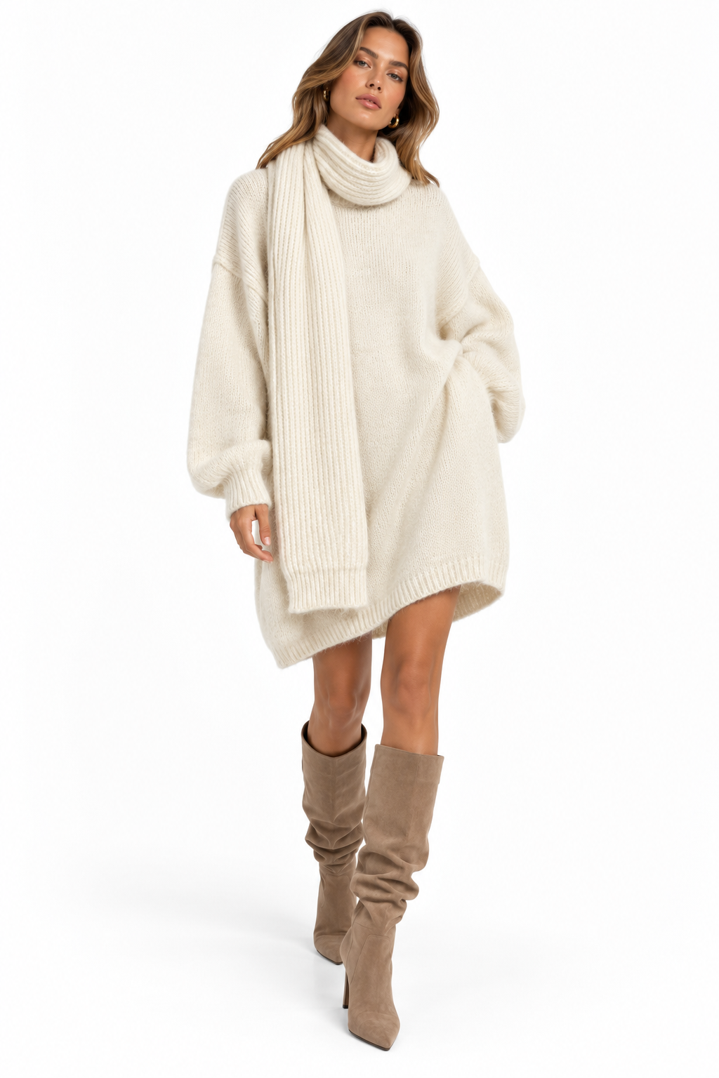 Ivory Knit Dress with Matching Scarf