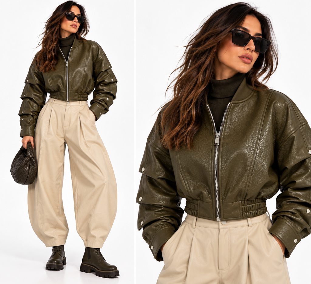 Khaki Cropped Leather-Look Bomber Jacket