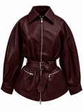 Burgundy Belted Leather-Look Jacket