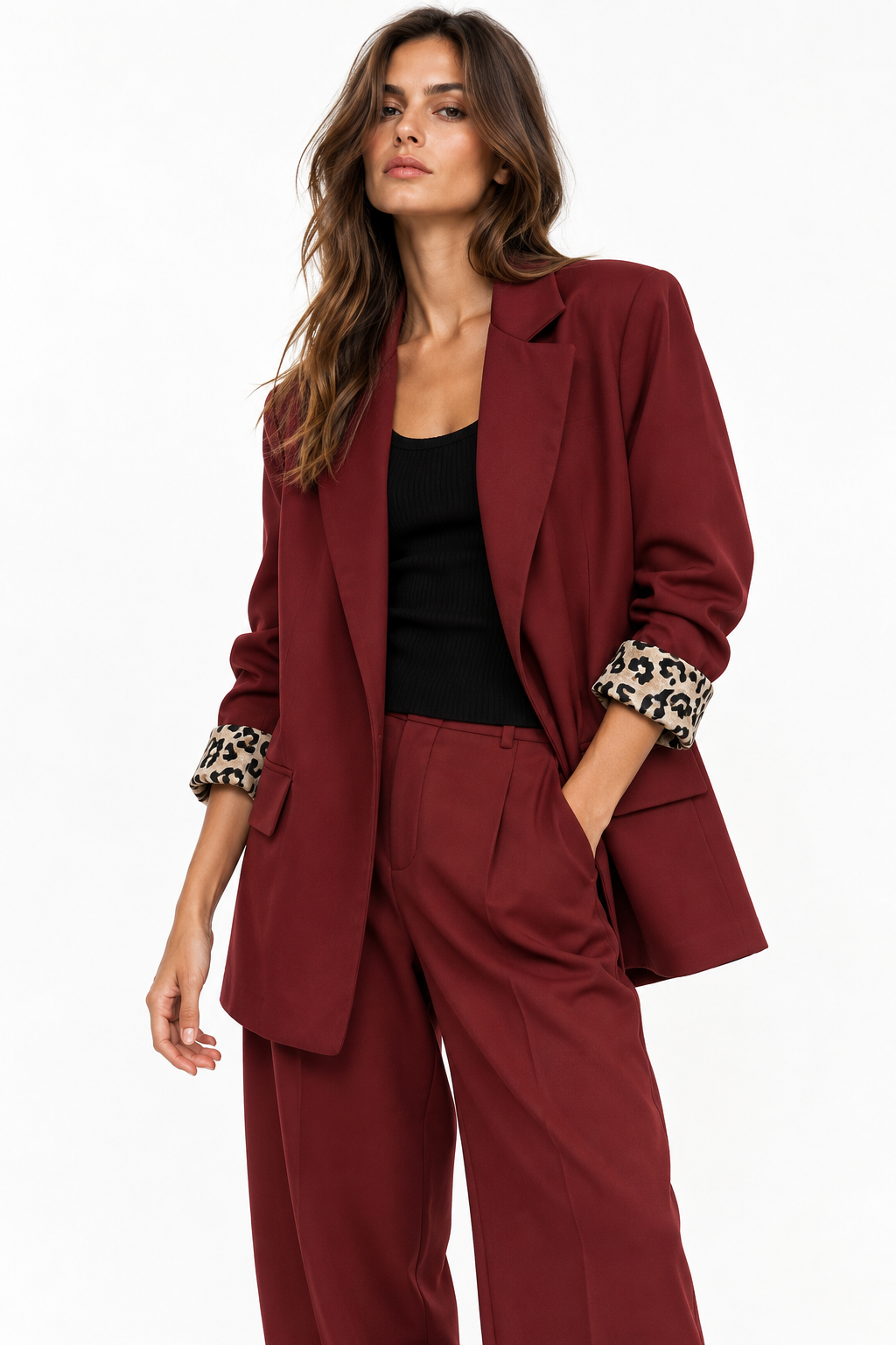 Burgundy Blazer with Leopard Cuffs