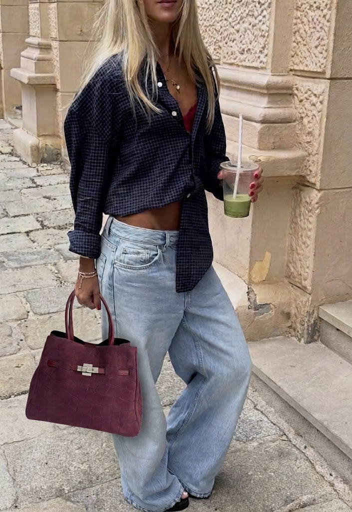 BURGUNDY SUEDE HAND BAG