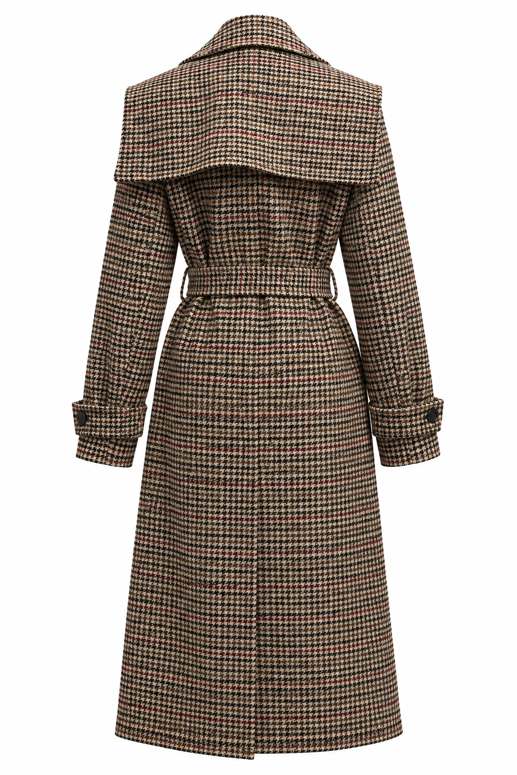 Houndstooth Beige Belted Long Coat