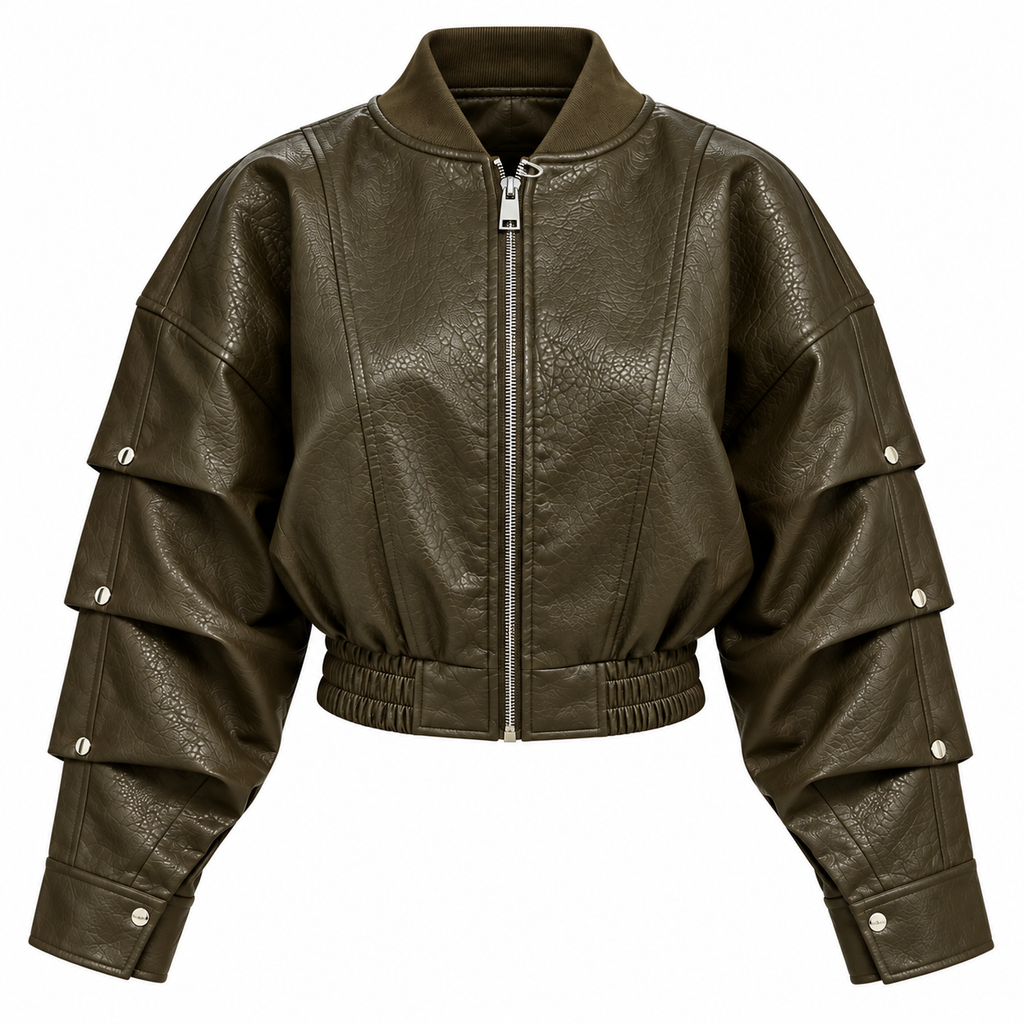 Khaki Cropped Leather-Look Bomber Jacket