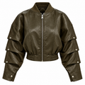 Khaki Cropped Leather-Look Bomber Jacket