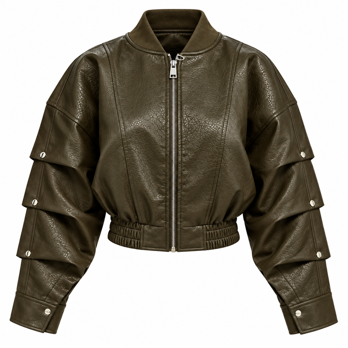 Khaki Cropped Leather-Look Bomber Jacket