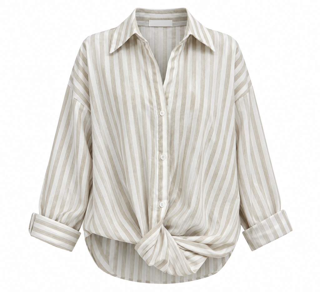 Beige Striped Twist-Front Shirt